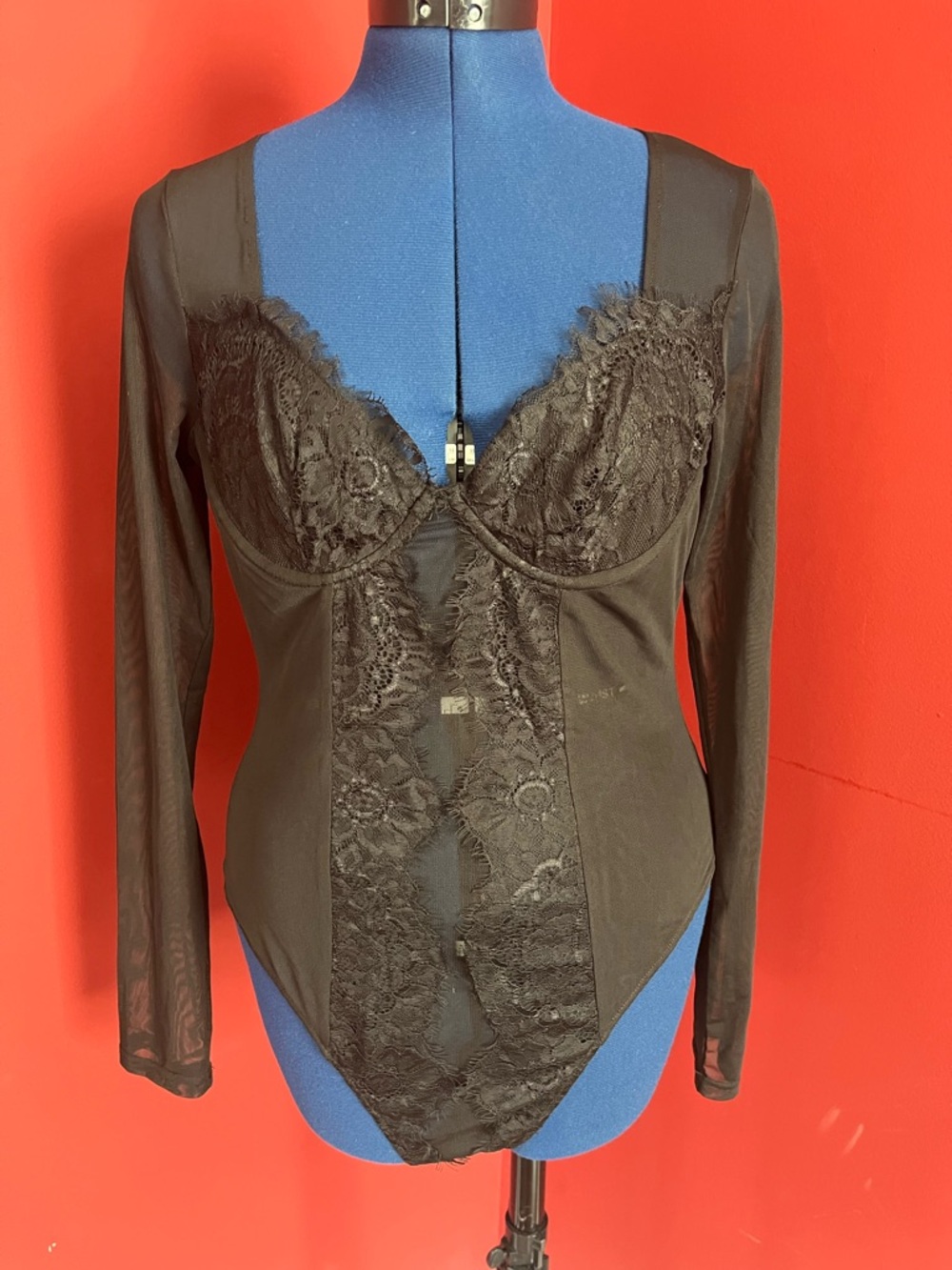 NWT Lulus Long Sleeve Black Lace Corset Bodysuit